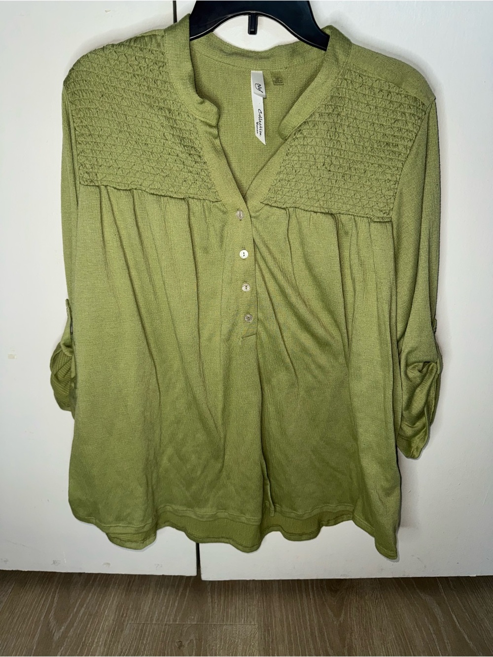 NY Collection Olive Green Knit Button-Front Blouse